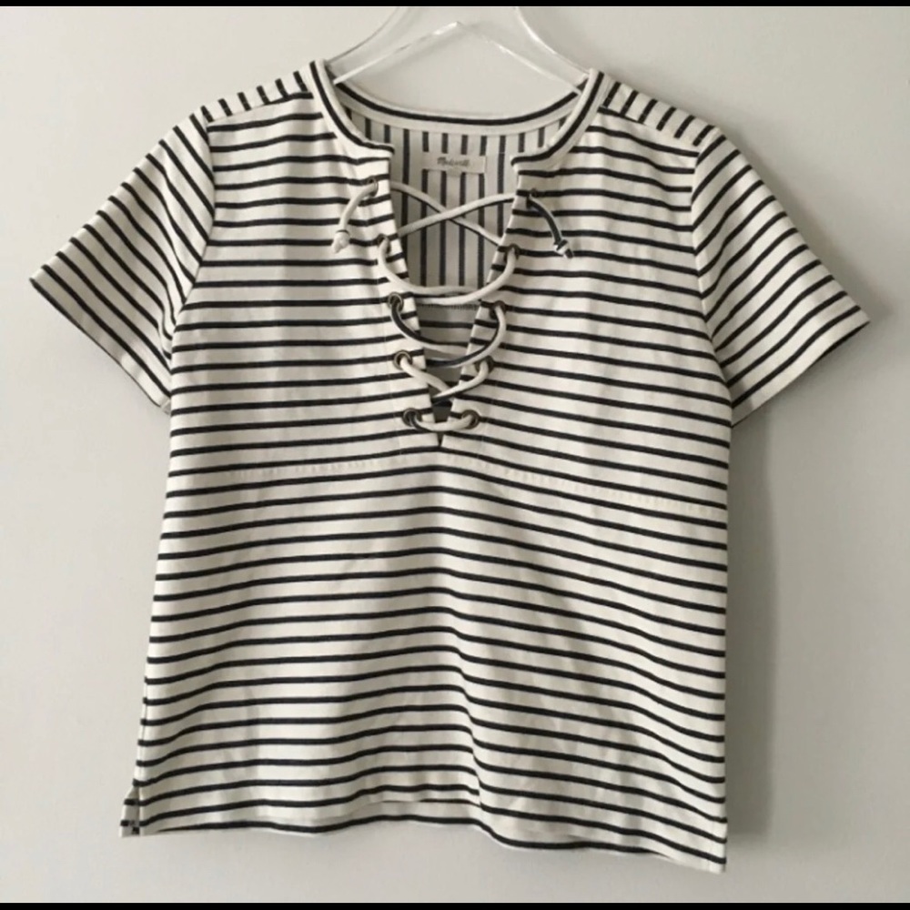 Madewell stripe lace up short sleeve shirt